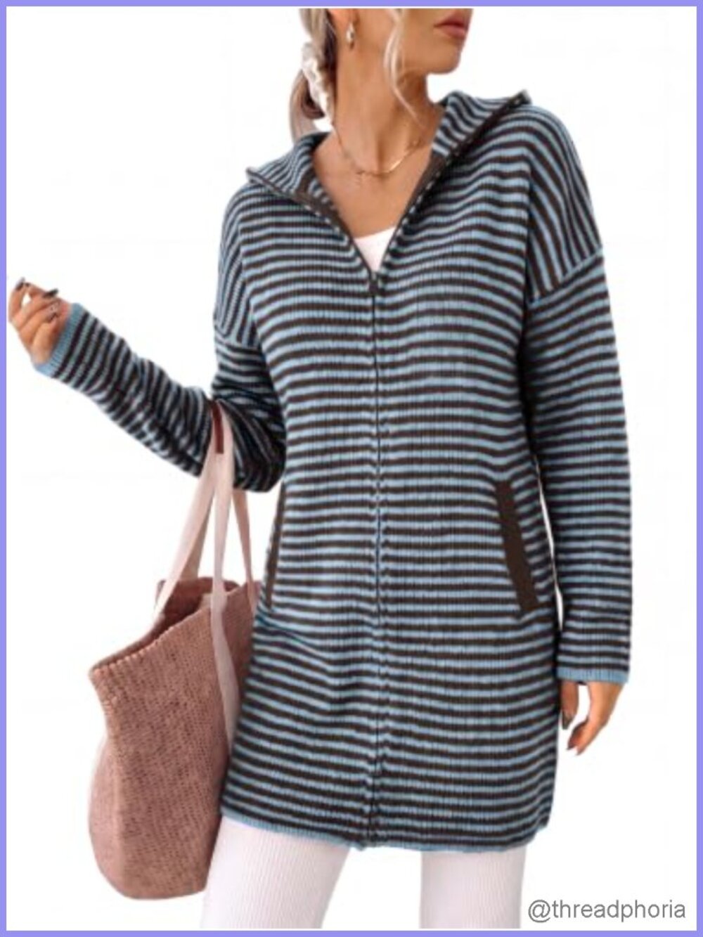 Women's Zip Up Knit Sweater Dress Striped Cardigan Long Sleeve with Pockets